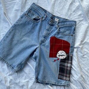 Upcycled Levi’s Jean Shorts, 33 Waist, Handstitched Patces